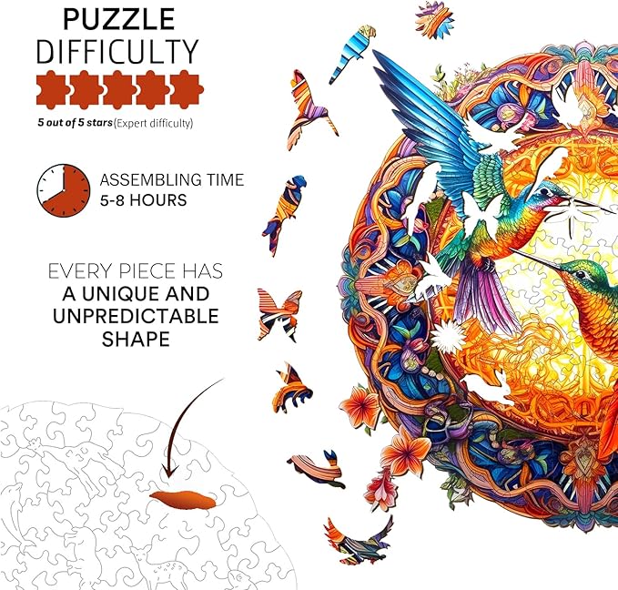 Jigfoxy Wooden Puzzles for Adults, Hummingbird Wooden Jigsaw Puzzles, Unique Animal Shape Puzzles, Christmas Thanksgiving Gifts for Family Friend(XL-19.7 * 19.7in-670psc)