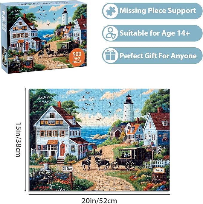 500 Pieces Puzzle for Adults, Town Horse House Puzzle, Recycled Cardboard Jigsaw Puzzles 500 Pieces for Adult, Challenging Puzzles Game Home Decor Birthday Party Gift Toy for Kids Seniors 20.5*15 in