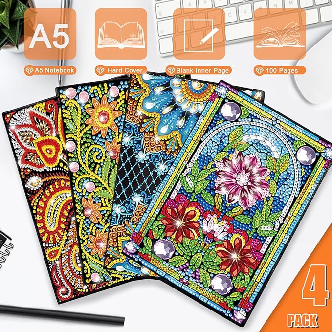 Josongslax Diamond Art Kits for Adults Teens, 4 Pack Diamond Painting Journals Notebooks, DIY 5D Gem Dots Art Crafts for Adults Clearance, Teenagers' Birthdays, Graduation, Christmas Gifts with Tools