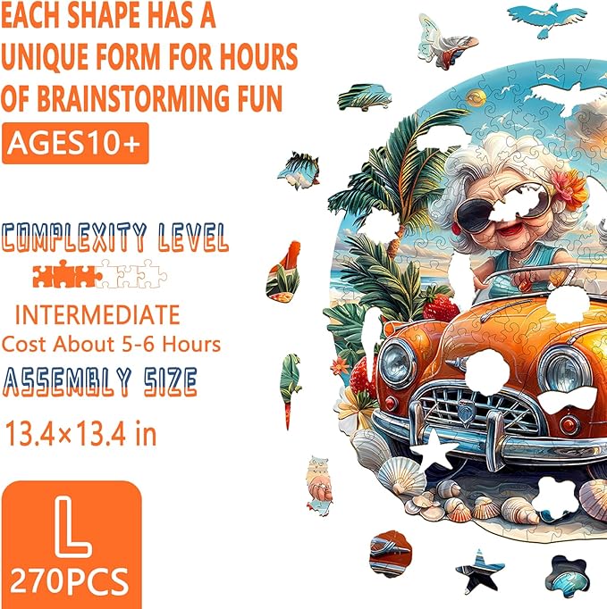 Wooden Puzzles for Adults -Happy Grandma Puzzle, Unique Shape Wooden Jigsaw Puzzle for Granny, Wood Puzzles Adult, Good Gift Idea for Family (L-13.4 * 13.4in -270 Pieces)