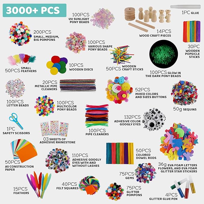 3000+ Pcs Arts and Crafts Supplies & Materials for Kids - Ultimate Bulk Craft Kit for Boys & Girls with 99 Activities Book for Ages 3-5, 4-6, 6-8, 8-12