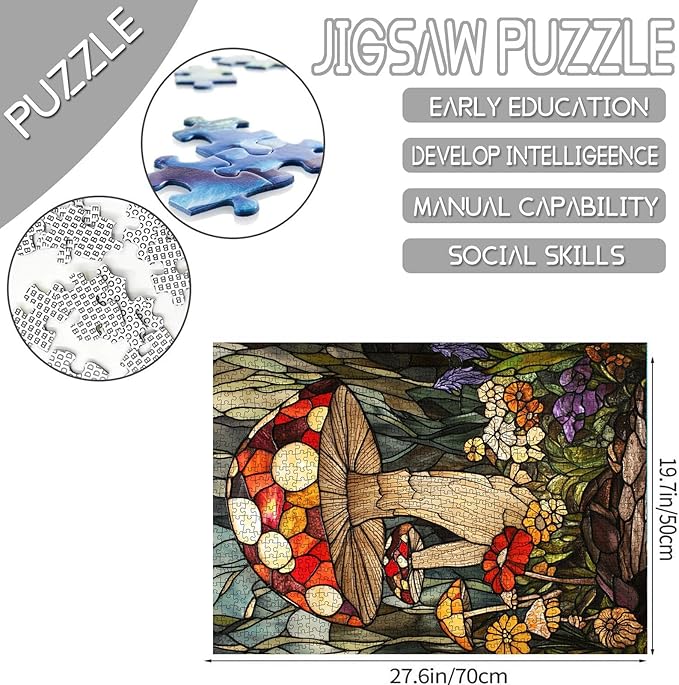 1000 Piece Jigsaw Puzzles for Adults Stained Glass Mushroom Painting Jigsaw Puzzle Mushroom World 1000 Pieces Puzzles Game Colorful Glass Flowers Wall Decor DIY Craft Puzzle Mushrooms Landscape Art