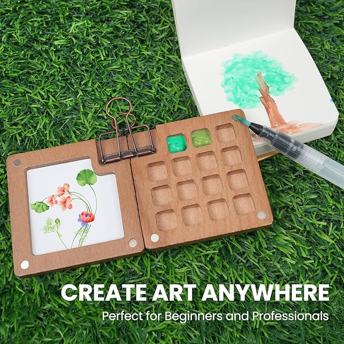 Mini Paint Palette Travel Kit,Mini Travel Watercolor Palette Set,Pocket Artist Water Color Sets with Watercolor Pens,Binder Clips, Include 24 Colors Paint for Beginners Artists Students(Walnut-15 Grids)