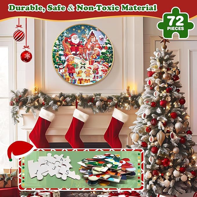 72 Pieces Shimmery Jumbo Christmas Floor Puzzle for Girls 3-5 4-6 Age Floor Puzzles for Boys and Girls Large Round Floor Jigsaw Puzzles (Christmas)