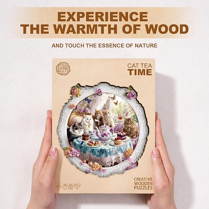 Jigfoxy Wooden Puzzles for Adults, Cat’s Tea Time Wood Puzzles Adult, Unique Animal Shape Wooden Jigsaw Puzzles for Adults, Birthday Gifts for Puzzle Lovers, Family, Friend (M-11.4 * 11.4in-195pcs)
