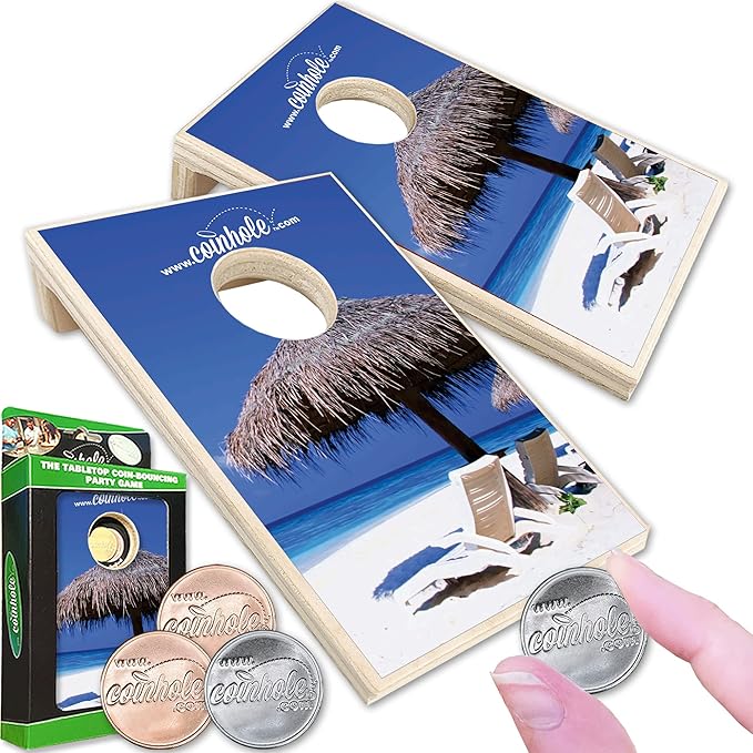 Coinhole Desktop Coin Bouncing Party Game Set | Tabletop Cornhole Board Game | Small Cornhole Travel Game Includes Coins