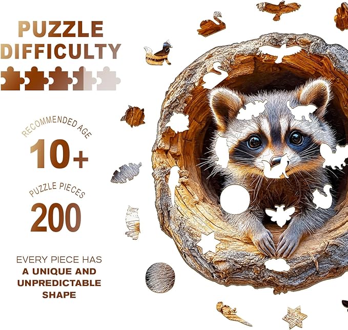 Wooden Jigsaw Puzzles, Tree Hole Raccoon Wooden Puzzles for Adults with Unique Shape, Adult Jigsaw Puzzle, Birthday Gifts for Adults, 11.4"x11" - 200pcs
