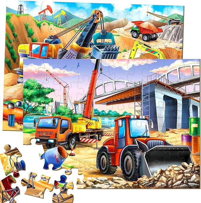 Puzzles for Kids Ages 4-6 – 2x60 Pieces Jigsaw Puzzles for Toddlers 3-5,6-8,Fun Bulldozer & Truck Toys,2 in 1 Pack Educational Construction Site Games for Boy & Girl