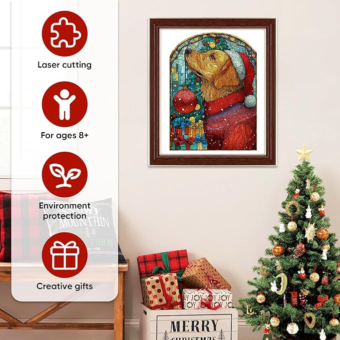 Christmas Jigsaw Puzzles for Adults - Dog with Santa Hat 202 Pcs Unique Shaped Holiday Wood Puzzle with Wooden Storage Box, Festive Family Game Night for Art Lovers 8.9x12 Inch
