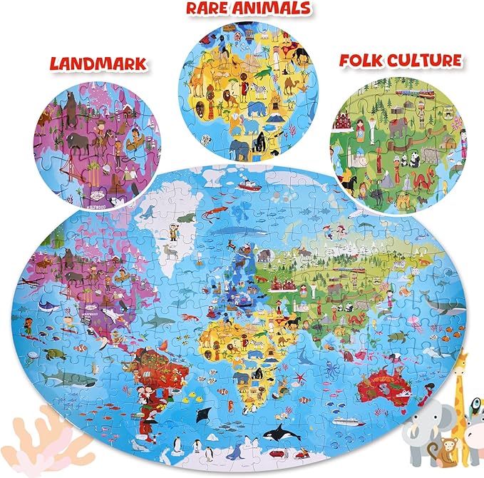 World Map Puzzle for Kids & Adults - 205 Piece World Map Jigsaw Puzzles Floor Puzzles Toddler Geography Educational Toys for Boys and Girls, Globe Atlas Puzzle Maps for Kids Learning Games