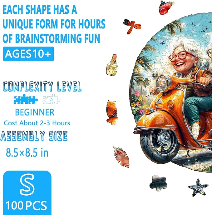 Wooden Puzzles for Adults, Motorcycle Granny Wooden Jigsaw Puzzle for Adults, Cool Wood Puzzles Adult, Unique Shape Puzzle for Seniors, Fun Gifts for Family & Couples (S-8.5 * 8.5in -100 Pieces)