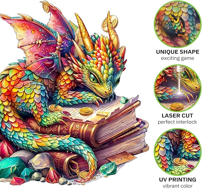 Jigfoxy Wooden Puzzles for Adults, Jeweled Dragon Wood Puzzles Adult, Unique Animal Shape Wooden Jigsaw Puzzles for Adults, Birthday Gifts for Puzzle Lovers, Family (L-13.4 * 12.6in-240pcs)