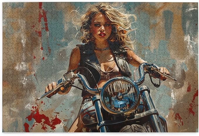 Women's Motorcycle-Themed Jigsaw Puzzle, 1000 Pieces, Retro Styles, Eco-Friendly Wooden Puzzle, Ages 14+