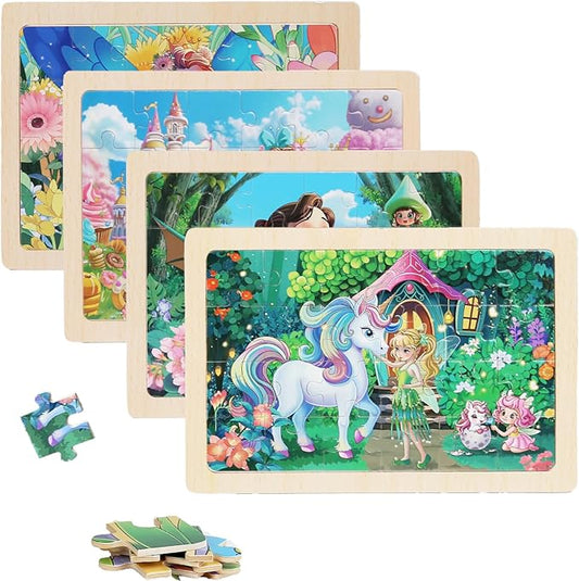 4 Sets of Wooden Puzzles, Each Set has 24 Pieces, Including Castle Unicorn Princess, for Toddlers 3-5, Puzzles for Kids Ages 4-6, Preschool Educational Brain Teaser Toys for Girls 3 4 5 6 Years Old.