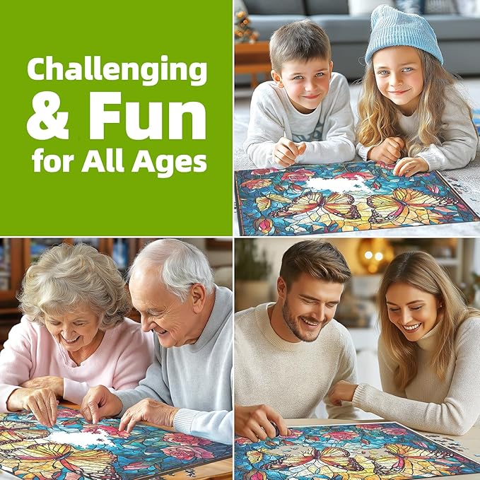 Blueforest 1000 Piece Stained Glass Butterfly Puzzle - Vibrant Mosaic Flower Garden Jigsaw Puzzle, Complex Art Therapy Puzzles for Adults, Framable Wall Decor 27.5"x19.7"