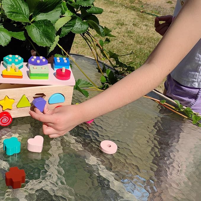 Wooden Shape Sorter Toy, Shape Stacking Toys for toddlers 1-3, Montessori Toys for 1 2 3 Year Old Kids and Toddlers, Wooden Shape Sorter Baby Toys, Sensory Toys for Toddlers 1-3 Wooden Stacking Blocks