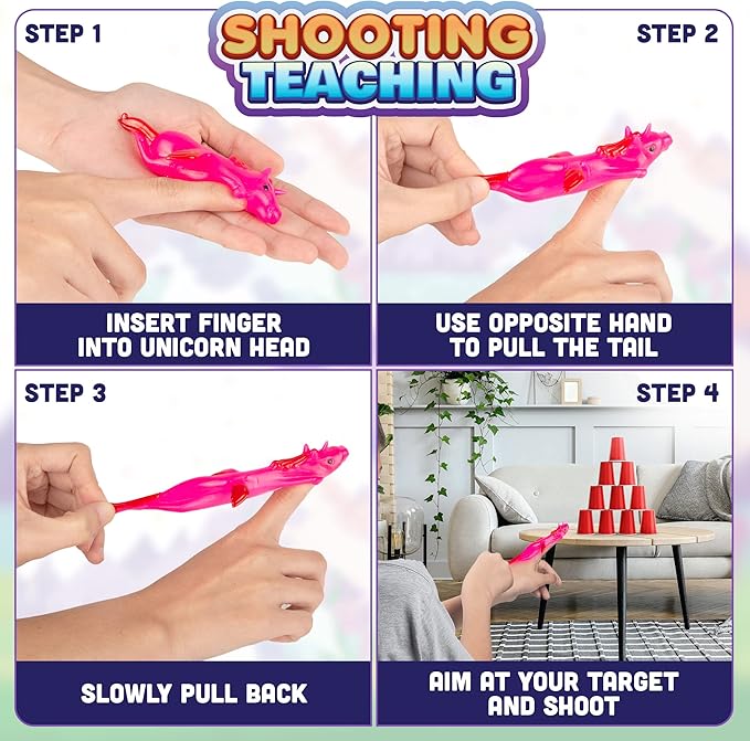 PICK A TOY Unicorn Favor Toys for Girls and Boys, 24 Pcs Rubber Finger Flicker Stretchy Slingshot for Kids, Birthday Goodie Bag, Unicorn Party Favors, Classroom Treasure Chest Treats