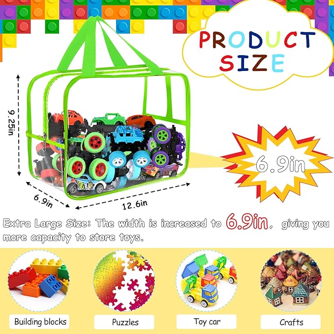 6 Colors Widen X-Large Storage Bags 12.6×9.25×6.9In with Labels, Reusable Clear PVC Board Game Storage, Travel Waterproof Organizer Bags with Zipper for Building Blocks, Puzzle, Stuffed Animals