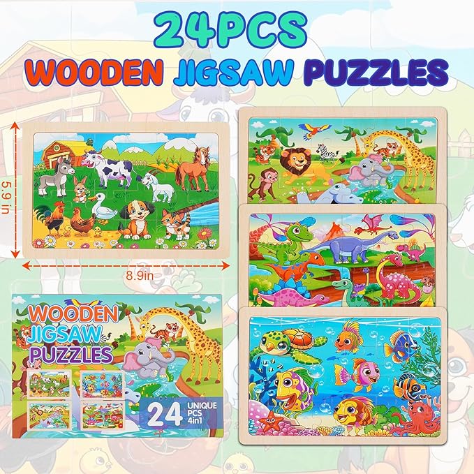 Wooden Jigsaw Puzzles for Kids Ages 3-6, 4 Pack with Animals Preschool Educational Toys, Toddler Puzzles Gift for 3 4 5 Year Old Boys Girls (Animal)