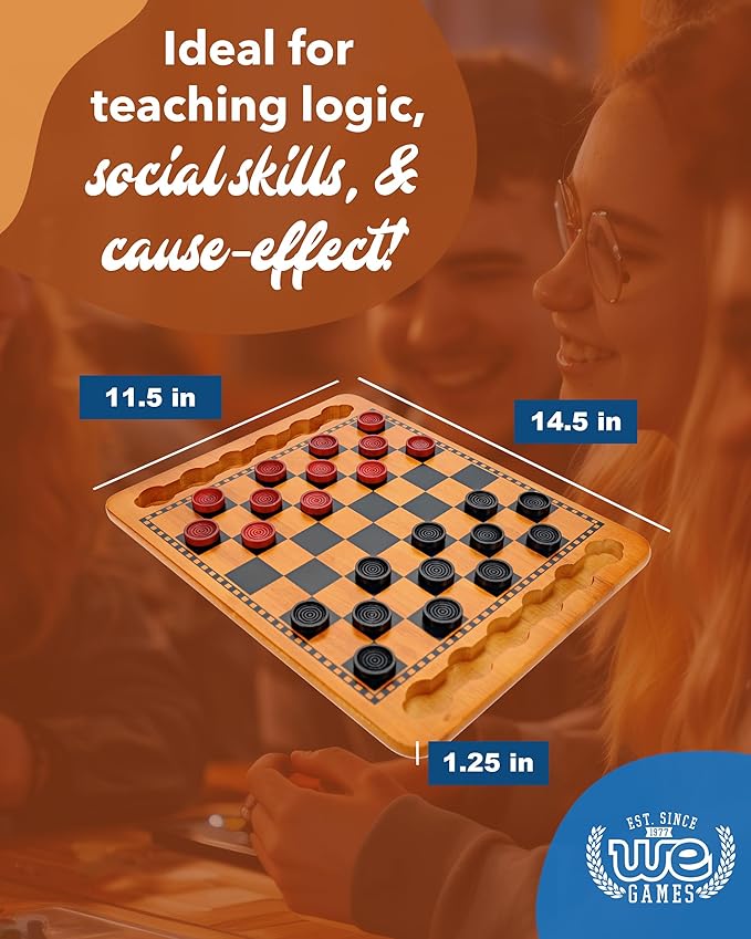 WE Games Solid Wood Checkers Board Game – 14.5-Inch Vintage Checkers Set with Inset Grooves & 24 Red & Black Board Game Pieces – Fun Family Table Game