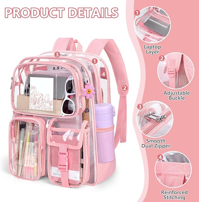 Attmu Pink Clear Backpack, Heavy Duty PVC Clear Bag for Stadium Events, Transparent Backpack with Reinforced Straps & Stitches for Girls Boys, Large Capacity Bookbag for School, Travel, College, Work