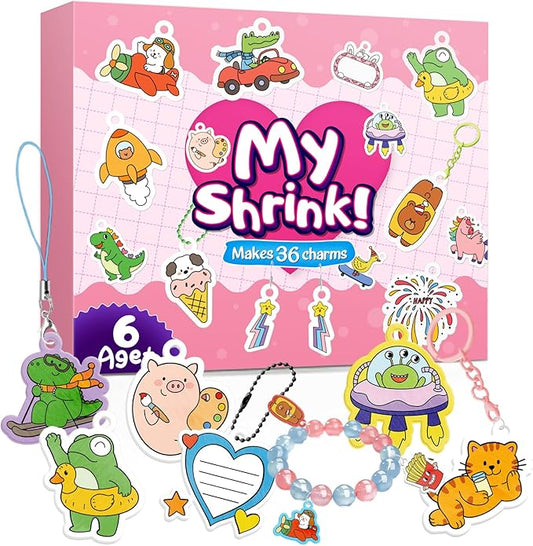 195 Pcs Shrink Plastic Kit with 39 Pre-Cut Patterns,3 Blank Shrink Plastic Sheets,Punch,Scissors,Keychains Lanyards,Tassels,Keychain Making Kit,Shrinky Art Charms,Shrinking Paper Craft Kits DIY Gifts