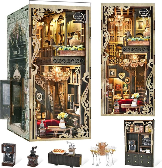 Book Nook Kit, DIY Doll House Booknook, Miniature Kit for Bookshelf Doll Houses for Adults Teen Halloween, 3D Wooden Puzzle Bookends with Led Light and Dust Cover (Saisons Café)