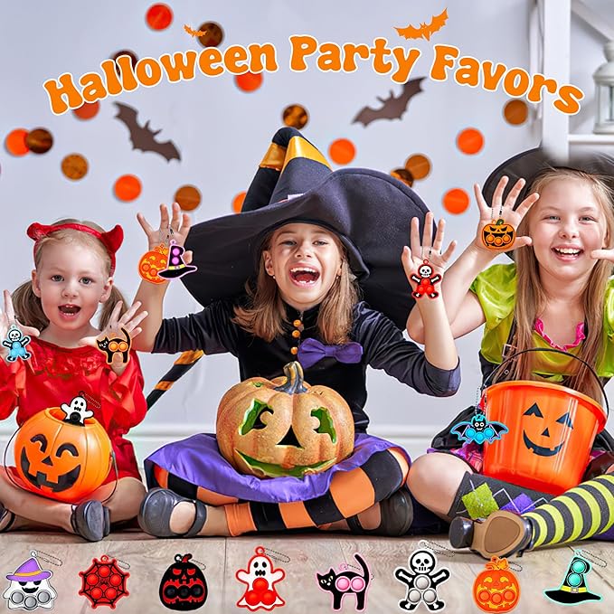 Halloween Pop Fidget Toys Bulk,24 Packs Halloween Kids Party Favors with Spooky Cards,Mini Keychain Sensory Stress Toy Set for Trick or Treat,Toddlers Teens Classroom Prizes Goodie Bag Stuffers