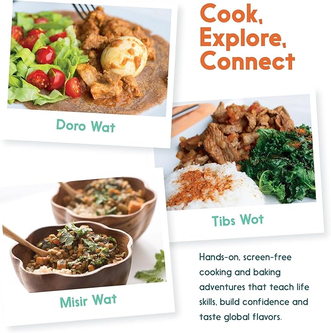 eat2explore Cooking Kits for Kids - Interactive & Educational Set with 3 Recipe Cards, Key Ingredients & Cooking Tools - Ideal Idea for Kids who Love to Create Meals (Ethiopia Edition)
