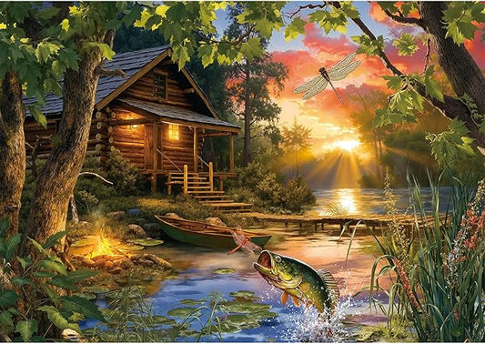 Jigsaw Puzzle for Adults 500 Pieces - Lakeside Cottage Puzzles, Nature Forest Lake Wooden Cabin Jigsaws