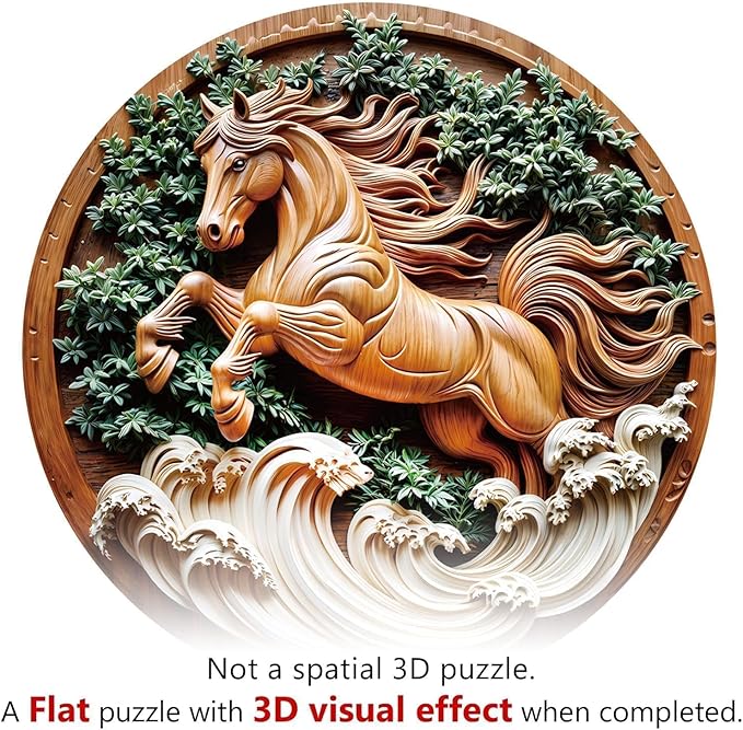 Wooden Puzzles for Adults - Flat Puzzle with 3D Visual Effect Horse Puzzle, Unique Shape Animal Wooden Puzzle, Unique Gift Ideas, Wood Puzzles Adult, Wall Art Puzzle Canvas (S-8.5 * 8.5in-100 Pieces)