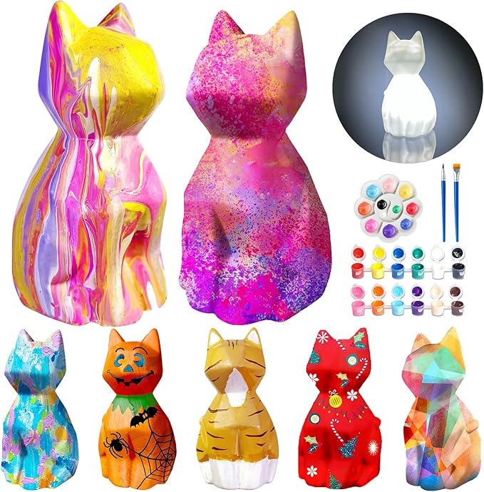Goodyking Paint Your Own Cat Lamp Kit, 2pcs DIY Cat Crafts Night Light, Arts & Crafts for Kids Ages 8-12, Painting Kit for Girls Boys Age 4 5 6 7 8+, Art Supplies Creative Gift for Birthday, Party