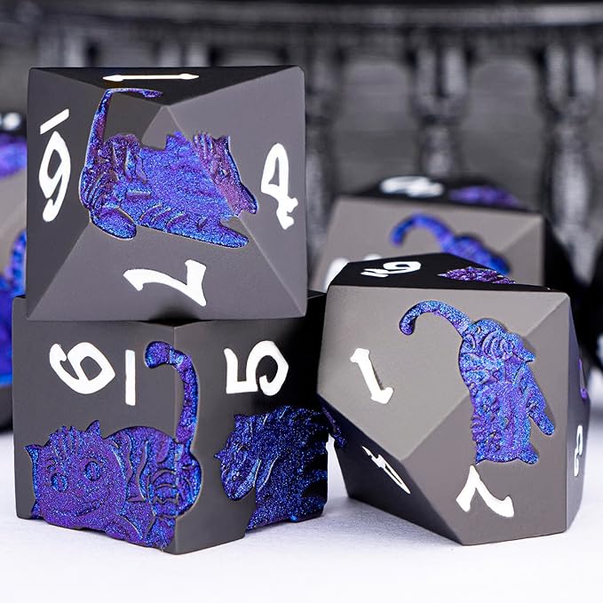 Metal DND Cat Dice 7PCS Polyhedral RPG Dice Set with Gift Case for Dungeons Dragons Role Playing Game, D and D Dice D6 D8 D10 D12 D20 D% (Blue Purple)