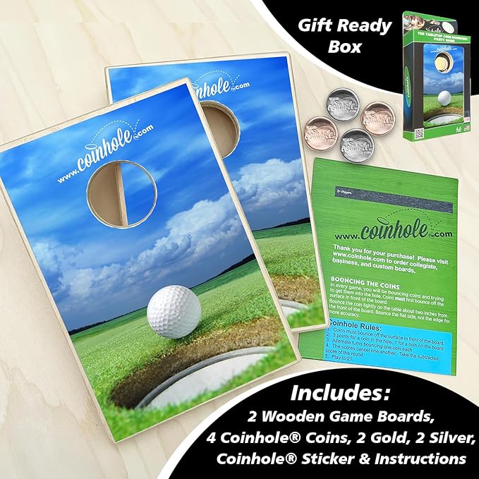 Coinhole Desktop Coin Bouncing Party Game Set | Tabletop Cornhole Board Game | Small Cornhole Travel Game Includes Coins