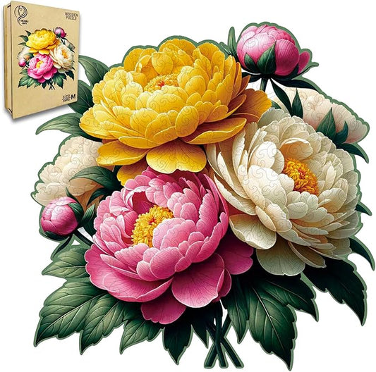 Wooden Puzzle, Multi-Color Peony Flower, Adult Wooden Puzzle, Colorful Wood Carving Puzzle Designed for Family and Friends, 11 * 11 inches, 200 Pieces (Medium)