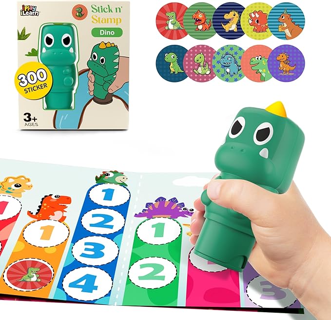 iPlay, iLearn Dinosaur Stamp & Sticker Activity Set - 400+ Stickers & 18-Page Stamper Book, Toddler Creative Art Craft Kit Road Trip Travel Toy, Educational Birthday Gifts for Boy Kid Ages 3 4 5 6 7 8