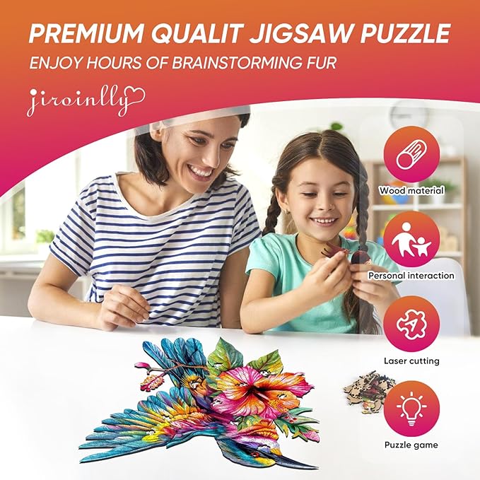 Wooden Puzzle for Adults, Hummingbird Jigsaw Puzzles 200 Piece, Unique Shapes Family Reunion Puzzle for Adults and Kids, Beautiful Package, Best Gift for Family Friends Medium 11.4x11in