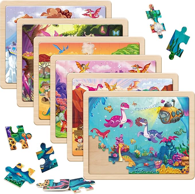 SYNARRY Wooden Dinosaur Puzzles for Kids Ages 4-6, 6 Packs 60 PCs Jigsaw Puzzles Educational Toys Gifts for Children Ages 4-8, Kids Puzzles for 4+ Year Olds Boys Girls
