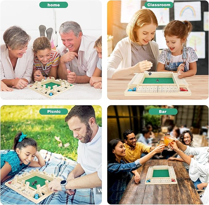 Shut The Box Dice Game,Wooden Board Table Math Game for 1-4 Players,Classic Family Game with 12 Dices for Kids Adults Pub Classroom or Home(12 Inches)