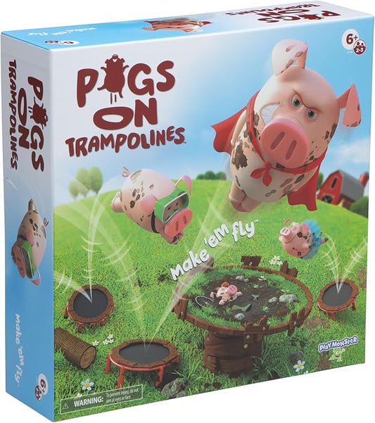 PlayMonster Pigs on Trampolines Board Games – Multi-Player, Preschool Toys, Hand-Eye-Coordination Game, The Muddiest Pig Wins, Ages 6+