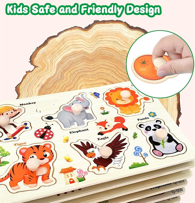 Wooden Puzzles for Toddlers,6 Pack Toddler Puzzles for Boys Girls,Montessori Toys for Baby,Preschool Learning Wooden Peg Puzzles for Kids with Farm,Insects,Numbers,Shapes,Animals,Fruits