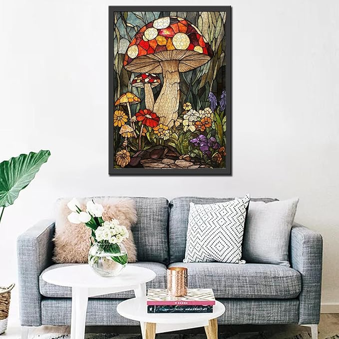 1000 Piece Jigsaw Puzzles for Adults Stained Glass Mushroom Painting Jigsaw Puzzle Mushroom World 1000 Pieces Puzzles Game Colorful Glass Flowers Wall Decor DIY Craft Puzzle Mushrooms Landscape Art