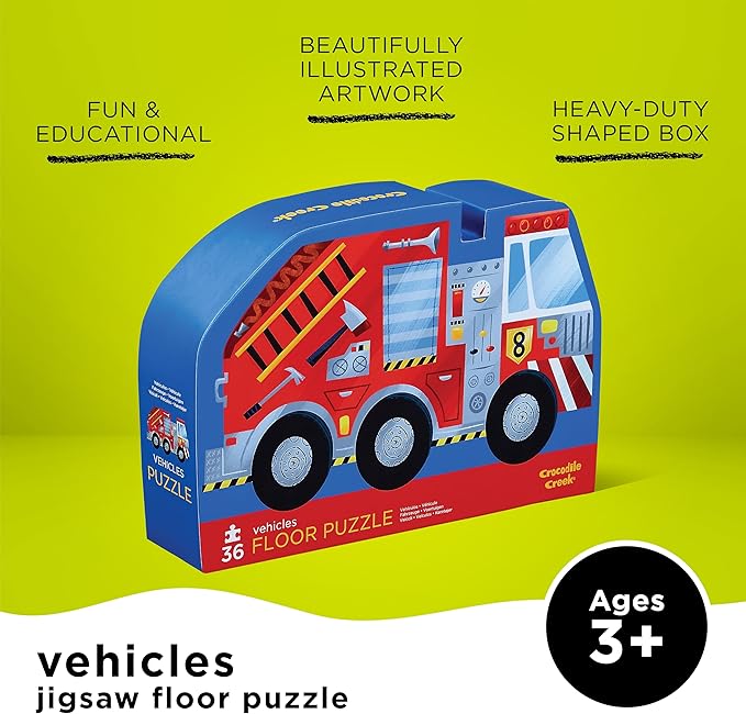 Crocodile Creek 36-Piece Jigsaw Floor Puzzle - Fun Floor Puzzles for Kids Ages 3-5 - Heavy-Duty Shaped Box for Storage - Vehicles - 24" W x 18" H Finished