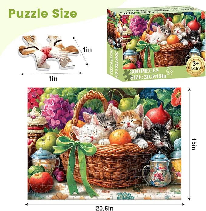 300 Piece Jigsaw Puzzle for Adults, Fruit Basket Cat Jigsaw Puzzle, Funny Animal Jigsaw Puzzles, Animal Pet Lover Challenging Puzzles for Friends Family Activity Game Nights Gifts