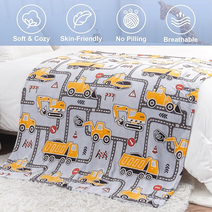 Construction Truck Toys Gifts for Boys - Glow in The Dark Excavator Blanket Birthday Valentines Easter Christmas Decor Presents for Kids Age 1-14 Years Old Teens Child Toddler Son Soft Throw 50"x60"