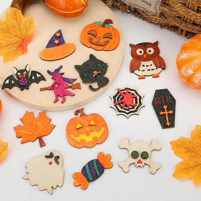 Worgree Halloween Crafts for Kids, 36 Pcs DIY Wooden Magnets Art Craft Supplies Painting Kit for Boys Girls Ages 4-8 8-12 Halloween Party Favors Gifts Basket Treat Goodie Bag Stuffers Classroom Prizes