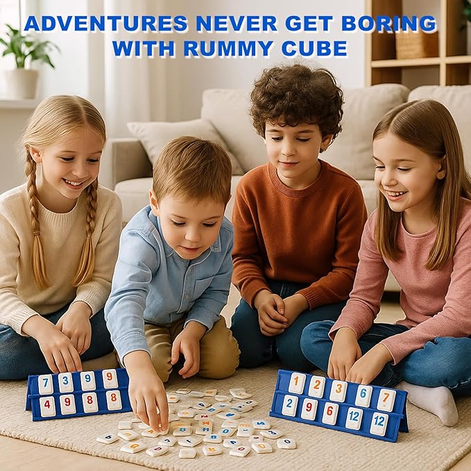 Mini Travel Rummy Cube Game 4 Players with Portable Case, 106 Melamine Rummy Tiles & 4 Holders, Small Classic Family Strategy Board Game for Adults Kids