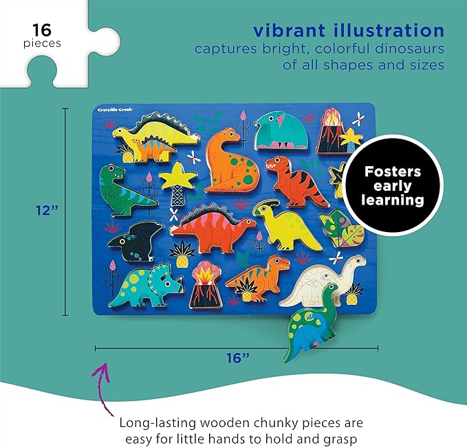 Crocodile Creek Wood Puzzle and Playset, 16 Chunky Wooden Pieces Stand-Up with Play Scene on The Back, for Ages 2+, Dinosaurs