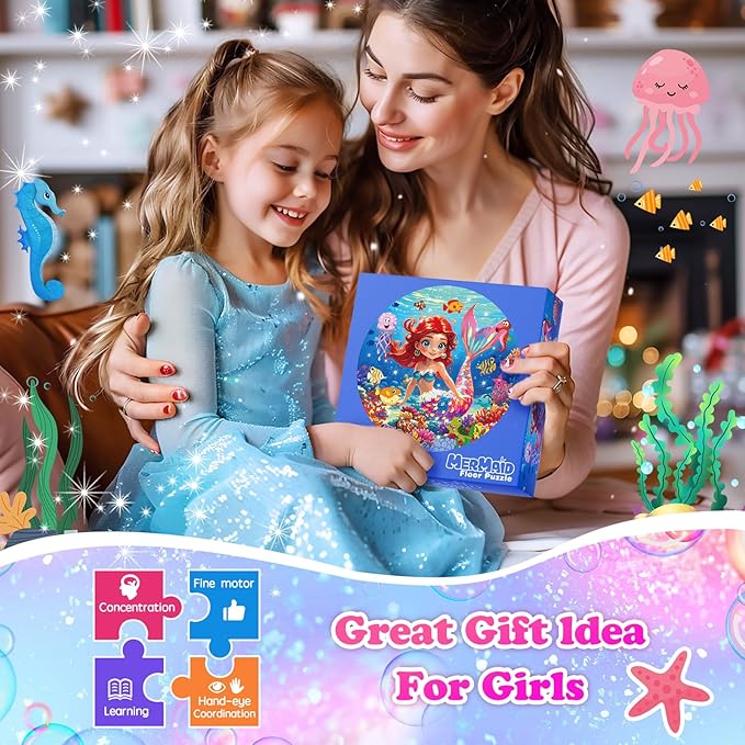 72 Pieces Shimmery Jumbo Mermaid Floor Puzzle for Girls 3-5 4-6 Age Floor Puzzles for Boys and Girls Large Round Floor Jigsaw Puzzles (Mermaid)