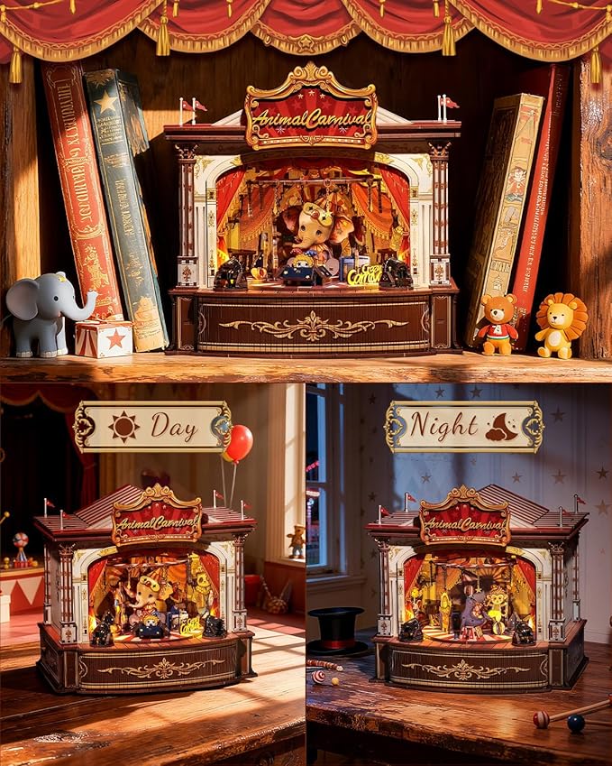 CUTEBEE 3D Wooden Puzzles Music Box - Merry-go-Round DIY Book Nook, Rotating Mechanical Model Building Kit, Wooden Music Box Kit with LED, Craft Hobbies Kit for Adults Birthday for Adults